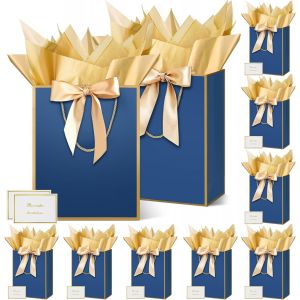Sac Cadeau, 10 Pièces 12.59"" Papier Emballage Cadeau Anniversaire, Vertical Pochette Cadeau Ggrand Format Enfant 32*25*13cm Avec 10 Cartes 10 Mouchoirs Pour Fête D'anniversaire, Mariage Bleu - Neuf