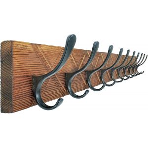 Porte-manteau mural en bois vieilli avec &laquo; X &raquo; sculpt&eacute;s et 10 crochets pour manteaux, chapeaux, v&ecirc;tements et &eacute;charpes Marron et noir - Neuf