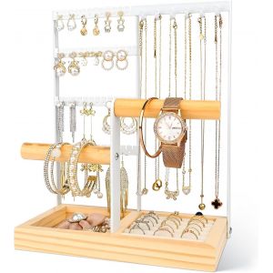 Porte Bijoux Présentoir À Bijoux Porte, 4 Étages Porte Bijoux Femme, Presentoir Collier Avec Plateau Pour Boucles D'oreilles Et Trous, Pour Colliers, Bagues, Bracelets, Montres (Blanc) - Neuf