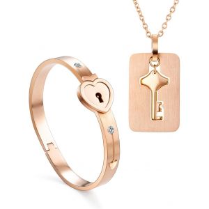 Kalsw-2 Pièces Bracelet Jonc Avec Serrure Et Pendentif Chaîne Clé Or Rose Kit,Bracelets Cadenas Et Cles Acier Inoxydable,Bijoux Femme Homme Fille Collier Pour Couple Amoureux Paare Partenaire Amitié - Neuf