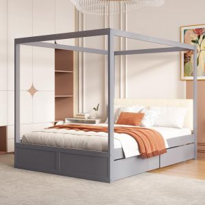 Lit enfant lit &agrave; baldaquin 140x200 cm avec grands tiroirs et dossier moelleux bois lit double gris - Neuf