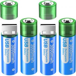 Piles AA Rechargeables USB 3000mWh/1.5V-Lot de 4 Piles Rechargeables USB AA Batterie au Lithium ION Haute Capacit&eacute;,Charge Rapide 1,5 h,1200 Cycles - Neuf