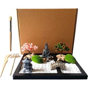 Nouvelhorizonstore-Zen&tao Kit De Jardin Japonais, Plateau Noir Avec Arbres, Mousses, Statue De Bouddha, Pont, Pierres, Kit D'outils De Sable, Am&iquest;&iquest;Liorations 2024, M&iquest;&iquest;Ditation, Relaxation, Cadeaux - Neuf