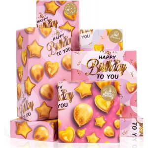 Papier Cadeau Anniversaire Pour Filles, Papier D'emballage Cadeau Rose Doré Et Autocollants, Papier Craft Happy Birthday Pour Cadeau Anniversaire, Cadeau Naissance, 4 Feuilles 70x50cm - Neuf