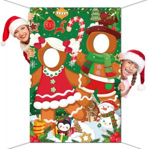 Drôle Bonhomme en Pain d'Épice Visage Photo Bannière pour Noël Photobooth Accessoires,Visage Jeu pour Noël Toile de Fond Décoration Sucre d'orge Bonhomme en Pain d'Épice Accessoires,150*100cm - Neuf