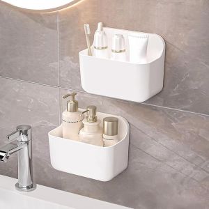 Lot de 2 Étagère Salle de Bain, Étagère Douche Sans Perçage en Plastique, Porte Shampoing Gel Douche, Paniers Rangement Mural pour Salle de Bain Cuisine, Blanc-Long Panier - Neuf