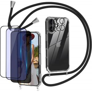 7 in 1 Coque avec Cordon pour iPhone 17 Pro avec 3 Verre Tremp&eacute; [HD+Anti-Lumi&egrave;re Bleue+Confidentialit&eacute;][3 Cam&eacute;ra Protecteur],Transparente Anti-Jaunissement Antichoc Protection Compl&egrave;te Cover - Neuf