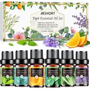 Trahoo-Aeshory Kit Huiles Essentielles 6x10ml, Huile Essentielle Aromath&eacute;rapie Pures & Naturelle, Pour Diffuseurs, Massage, Yoga - Lavande, Orange Douce, Menthe Poivr&eacute;e, Arbre &Agrave; Th&eacute;, Citronnelle, Euc - Neuf