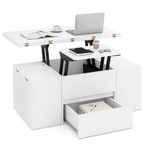 3 en 1 Table Basse avec Plateau Relevable COSTWAY, 4 Tabourets de Rangement pour 4 &agrave; 8 Personnes, Compartiment Cach&eacute;, Tiroir, Blanc - Neuf