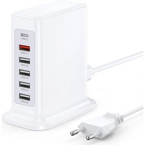 55W 6 - en - 1 Station de Charge de Bureau, Hub de Chargeur Intelligent Multi - Ports USB, avec Chargeur Rapide PD et qc3.0, Compatible avec iPhone/Samsung/xiaomi et Autres p&eacute;riph&eacute;riques USB - Neuf