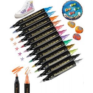 Mevronisshop-Lot De 12 Stylos M&eacute;talliques - Feutres &Agrave; Pointe Fine Et Marqueur Double Pointe - Stylos &Agrave; Paillettes &Eacute;tanches - Stylos Acryliques - Stylo Dor&eacute; Pour &Eacute;crire Un Livre D'or, Scrapbooking, Bo - Neuf