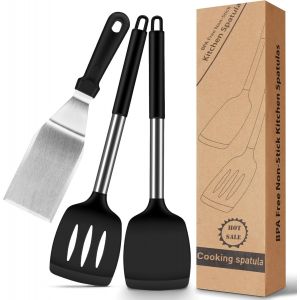 Eryi-Lot De 3 Spatules En Silicone Avec Spatules En Acier Inoxydable - Sans Bpa - Résistantes À La Chaleur - Passent Au Lave-Vaisselle - Ustensiles De Cuisine Pour Rôtir, Griller Et Cuisiner - Neuf