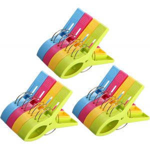 Lot de 12 grandes pinces à linge de couleur aléatoire, pinces coupe-vent, pinces à serviettes durables pour serviettes de plage, essuie-mains, draps de bain, nappes et vêtements - Neuf