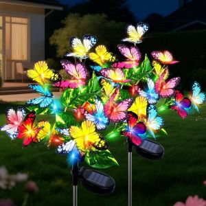 Lampe Solaire Exterieur Jardin, 2 Piéces Papillon Lumière Et Feuille D'Arbre, 2 Modes Décoration Jardin Extérieur Solaire Étanche, Éclairage Solaires Deco Pour Patio Allée Cour Porche Noël - Neuf