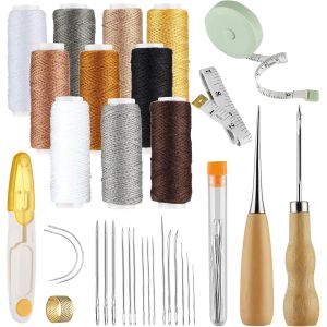 Yemaesre-Lotde 32 Outils De Couture Pour Cuir - Aiguilles À Coudre Pour Le Cuir - Aiguilles À Main - Fil Ciré - Aiguilles Alêne - Aiguilles Et Mètre Ruban - Outil D'artisanat Pour Le Bricolage Et La - Neuf