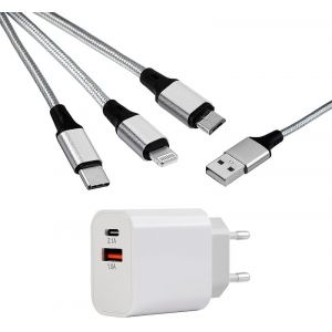 TRAHOO-Pack Chargeur USB C, Adaptateur Secteur 10 W avec Type C et A+ C&acirc;ble de Charge Universel 3 en 1 (Micro USB/USB-C/Lightning) - Neuf