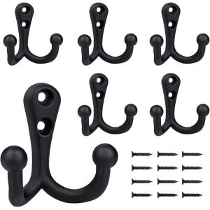 Crochets pour peignoir courbés, 6 pièces, crochets muraux doubles noirs vintage avec 12 vis pour porte-manteau, salle de bain, cuisine, bureau - Neuf