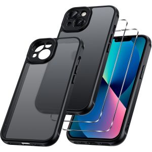 AEFJ-3 en 1 Coque Mat pour iPhone 13 6,1 Pouces, avec 2 Verre Tremp&eacute; Protection &eacute;cran, Etui Translucide Givr&eacute;e Arri&egrave;re Housse Antichoc Case, Cover Anti-Empreintes Digitales, Noir - Neuf