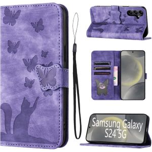 TRAHOO-Housse Protection pour Samsung Galaxy S24 Mat&eacute;riau en Cuir PU Coque Samsung Galaxy S24 avec Fentes pour Cartes &Eacute;tui Motif Papillon Chat Coque Samsung S24 Violet - Neuf