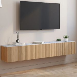 Meuble TV 180 cm suspendu JULIETTE plateau effet marbre lattes tasseau bois coloris ch&ecirc;ne - Neuf