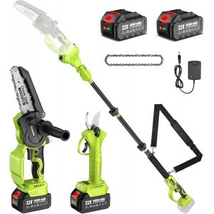 CHECARZHN--NO1-4 En 1 Mini Tronçonneuse 6 Pouces & Sécateur Électrique 33 Mm, Batterie 2X4.0Ah, Moteur Brushless, Réservoir 30 Ml, Perche Télescopique 4,57 M, Tension De Chaîne Sans Outils - Neuf