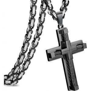 Collier Croix Pour Homme Et Femme, Chaîne Byzantine En Acier Inoxydable, Pendentif Croix Noire, Chaîne En Argent Pour Homme - Neuf