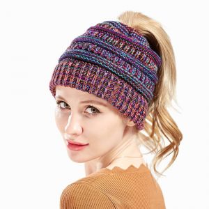 Bonnet Exclusif Pour Femme Avec Queue De Cheval - Orange/Violet/Noir - Neuf