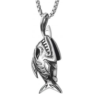 Trahoo-Requin Pointues Dent Poisson Os Squelette Pendentif Collier Homme Acier Inoxydable - Chaîne De Blé - Neuf