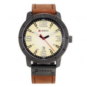 Montre A Quartz Curren Pour Homme, Bracelet En Cuir Synthetique, Etanche Jusqu'a 3 Atm, Calendrier (Noir Et Jaune) - Neuf