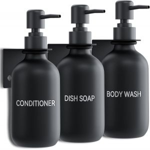 KAL-3 Pièces Distributeur De Savon Mural, 500Ml Noir Mat Distributeur Savon Douche Sans Percage Avec Entonnoir Et Étiquettes Tridimensionnelles Étanches Pour La Salle De Bain, La Cuisine - Neuf