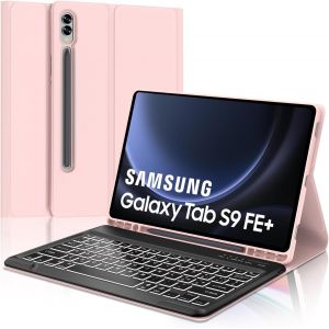 Étui Clavier Pour Samsung Galaxy Tab S9 Fe+/Tab S9+ Plus 12.4"", Azerty Français Clavier Rétro-Éclairé Magnétique Détachable Bluetooth Pour Samsung Tab S9+ Plus 12.4"" 2023, Rose - Neuf