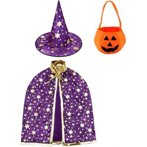 (Violet) 1 Cape De Sorcier Avec Chapeau Et Sac Citrouille, Accessoires De Costume D'halloween Pour Fête De Jeu De Rôle Pour Enfants - Neuf