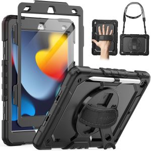 Coque pour iPad 9&egrave;me/8&egrave;me/7&egrave;me G&eacute;n&eacute;ration 10,2 Pouces 2021/2020/2019, Coque Antichoc Robuste avec Protecteur d'Ecran, Support Rotatif 360 Degr&eacute;s/Dragonne, Porte-Crayon, Bandouli&egrave;re, Noir - Neuf