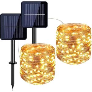 Kal-2pcs Guirlande Lumineuse Solaire 12m 100 Leds Blanc Chaud Lampion Solaire Avec 8 Modes,Ip65 Etanche Intérieur Extérieur Décoration Lumiere Pour Fête,Jardin,Mariage,Noël,Anniversaire,Terrasse - Neuf