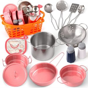 ERYI-Accessoire Dinette Enfant Ustensile Cuisine Enfant Ensemble De Jouet De Casserole En Acier Inoxydable Coloré Cadeau 3 4 5 6 7 8 9 10 Ans(Rose) - Neuf