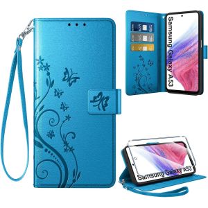 CAUC-Coque pour Samsung Galaxy A53 5G + 1 Verre Tremp&eacute;, Retro Design Housse Premium en Cuir PU Pochette de Portefeuille pour Porte Cartes Fonction Stand Flip Etui pour Samsung A53, Bleu - Neuf