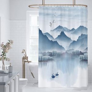 Rideau De Douche Paysage De Montagne 100 X 180 Cm, Bateau En Bois, Lac, Soleil Rouge, Oie Sauvage, Nature, Paysage Brumeux, Peinture À L'huile, Rideau De Bain Pour Décoration De Salle De Bain Avec - Neuf