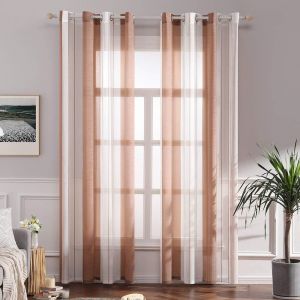 Tzf-Rideaux Voilage À Rayures Blancs Et Brun, Voilages Intérieurs Avec Oeillets, Beaux Voile Rideau Voilage Fenetre Chambre, Lot De 2 Transparent Rideaux Salon Hauteur 245 Cm Voilage - Neuf