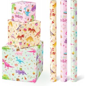 Rouleaux De Papier Cadeau Dinosaure - 3 Rouleaux De Papier Cadeau Rose Dinosaure Pour Enfants Fille Papier Cadeau D'anniversaire Jurassique Avec Ligne De Découpe 43cm X 3m - Neuf