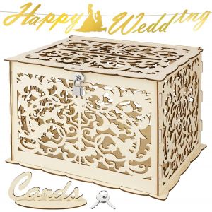 Bo&icirc;te &agrave; Cartes de Mariage en Bois Fait Main avec Serrure 33.5 x 26.4 x 5.1 cm - Rangement pour Invitations, Lettres et V?ux - D&eacute;coration Rustique pour C&eacute;r&eacute;monie, Anniversaire ou Festival - Neuf