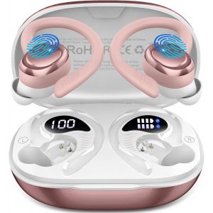 Ecouteurs Bluetooth Sans Fil Sport, Écouteur Bluetooth 5.4 Hifi Stéréo, 50H Ecouteurs Sans Fil Avec 4 Enc Mic, Ip7 Étanche Oreillette Bluetooth Running, Usb-C Charge Rapide, Écran Led Casque, Or Rose - Neuf