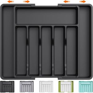 Eryi-Range Couverts, Plateau D'ustensiles Extensible Pour Tiroir, Organisateur De Tiroir Réglable Pour La Cuisine, Rangement Compact En Plastique Pour Contenir Des Cuillères, Fourchettes, Noir - Neuf