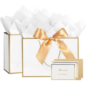 MEVRONISSHOP-2 Pi&egrave;ces Sacs en Papier Multifonctionnel Set, 28 x 10 x 20 cm Sacs Cadeaux D'Anniversaire avec Poign&eacute;es, Durable Sacs Cadeaux avec Ruban pour Mariage Festival F&ecirc;te (Blanc) - Neuf