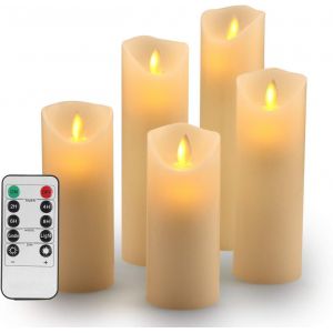 SJZG-Bougies Led,Bougies Sans Flamme.Lot De 5 (10,12,15,17,19 Cm,Ivoire),En Véritable Cire. Avec Vacillement Des Flammes Très Réaliste, Télécommande Avec 10 Menus De Fonction, Minuterie De 24 Heures - Neuf