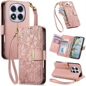 KALANKA-Coque pour Redmi Note 14 Pro 5G / 4G / POCO X7, Fleur &Eacute;tui Housse en Cuir PU &agrave; Rabat Portefeuille Antichoc avec Porte Carte, Poche Zipp&eacute;e, Chiusura Magn&eacute;tique et Support Cover Case, Rose - Neuf