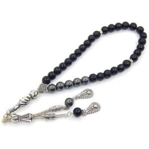 Kal-Collier De Prière Tesbih Tasbih Tespih Misbaha Subha 33, Chapelet Musulman Islamique Bracelets De Culte En Pierre Semi-Précieuse Perles D'hématite En Onyx Noir 8 Mm - Neuf