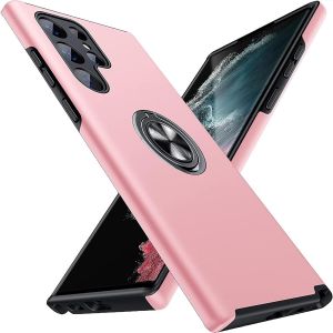 Kal-Coque Pour Samsung Galaxy S22 Ultra, Heavy Duty Antichoc Anti-Rayures Bumper Housse Etui Avec 360° Anneau Support Pour Samsung Galaxy S22 Ultra, Rose - Neuf