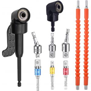 10 Pcs Foret à Angle Droit d'extension Kit,Tige D'extension à Tige Hexagonale 1/4,Perceuse 105° Renvoi d'Angle Visseuse,Adaptateur de Fixation de Perceuse à Angle Droit - Neuf
