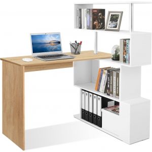 SUBZONAL-Bureau Informatique, Bureau d`Ordinateur avec &Eacute;tag&egrave;re Rangement &agrave; Quatre Niveaux, Table de Travail PC Table pour Salle d`Etude, 157 x 45 x 130,5 cm, Ch&ecirc;ne et Blanc - Neuf