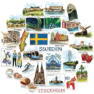 Autocollants De Voyage Élégants Suède (28 Pièces) - Aquarelle, Scandinavie, Décalcomanies À Thème Suédois Pour Journaux, Albums, Bagages, Gobelets - Neuf